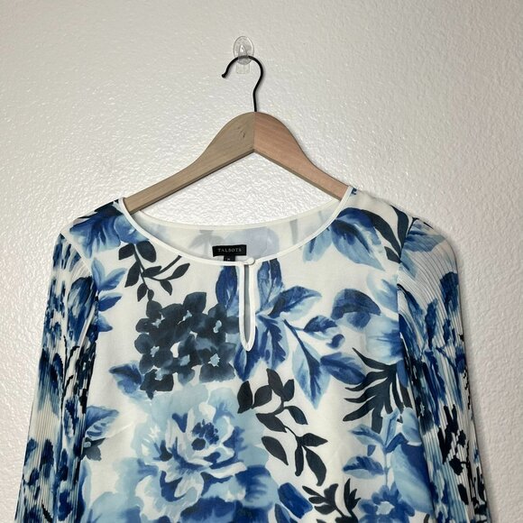 Talbots Women's Floral Blouse M Blue & White Long Pleated Bell Sleeve - Picture 3 of 13